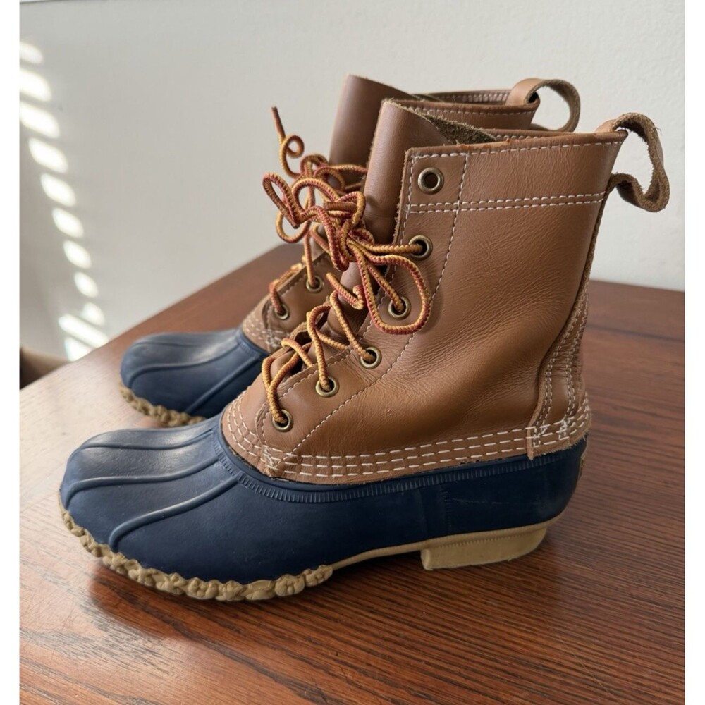 LL Bean 8 Inch Leather Duck Boots Waterproof Snow Tan Navy Womens Size 6 M